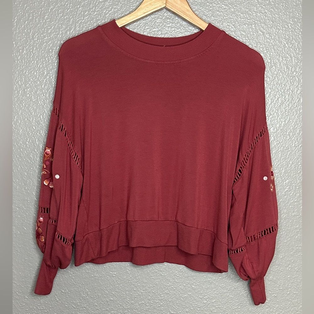 C+J collection Balloon Sleeve Boho Embroidered Top Size Small